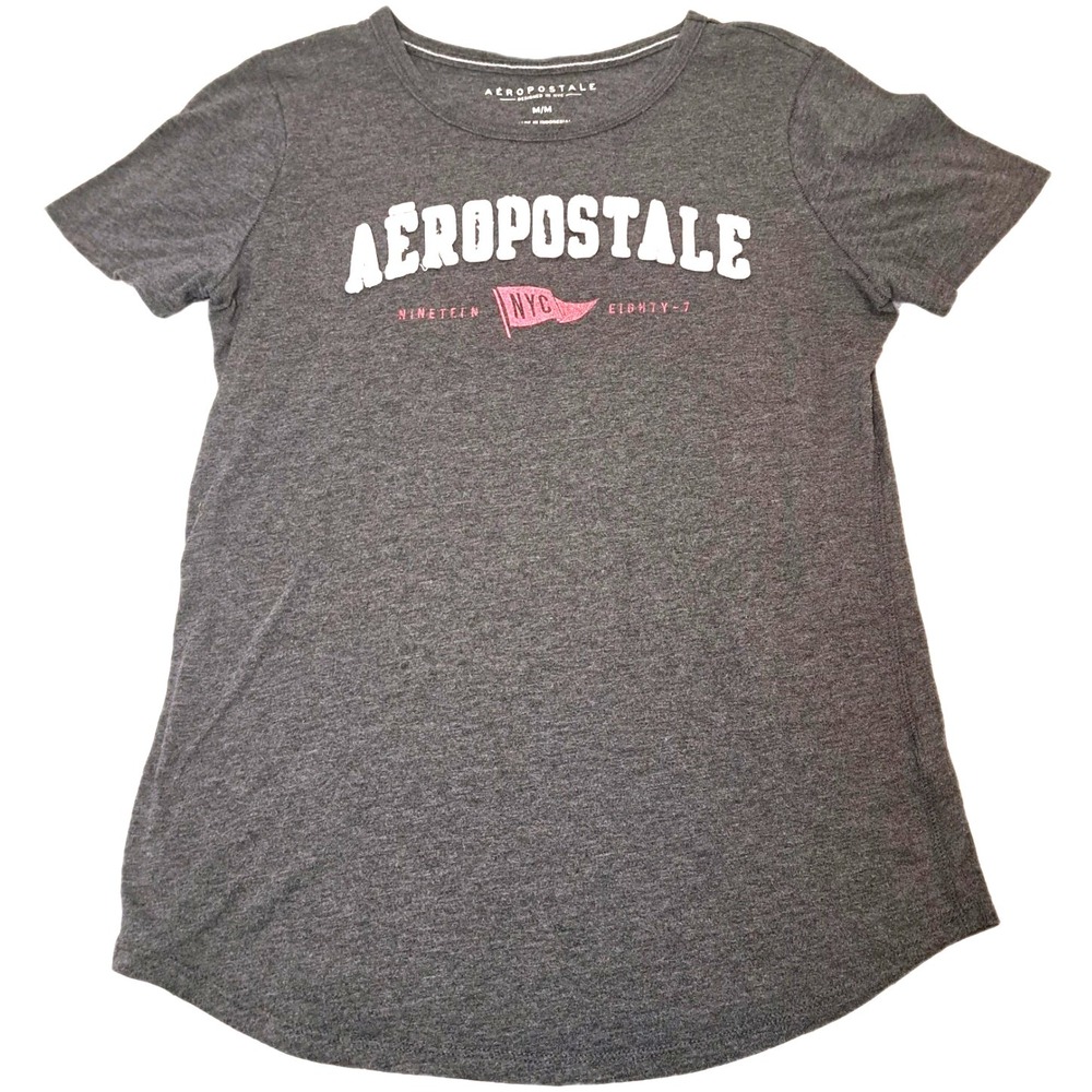 Aeropostale Aero NYC T-shirt Women's M Gray Fitted‎ Embroidered Logo Preppy